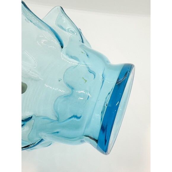 Handblown Glass Bowl Ruffle Edge Blue Candy Dish Aqua Vase Planter Handmade - Picture 7 of 9